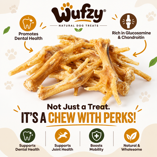 Wufzy dried chicken feet pile with product feature callouts