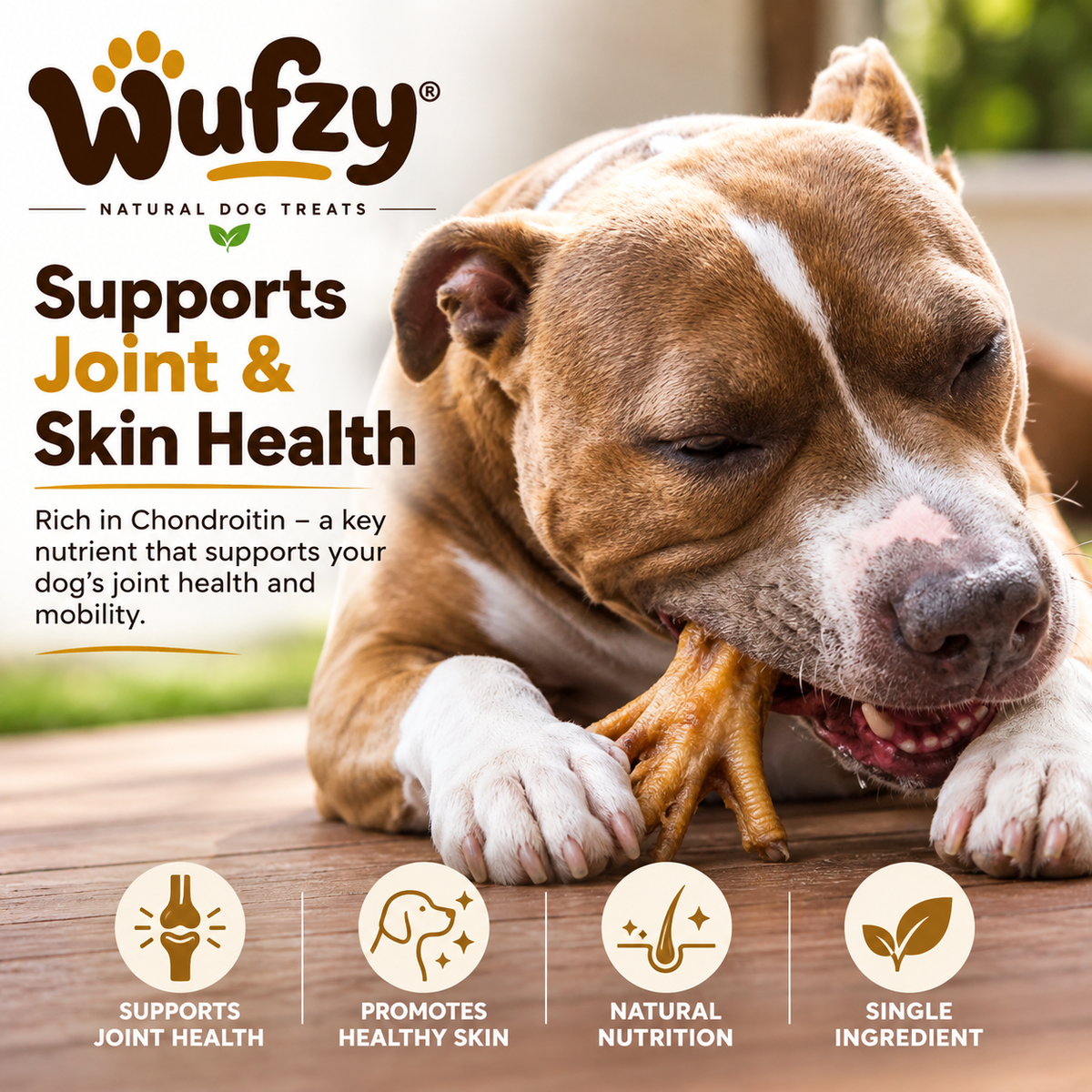 Dog chewing a Wufzy chicken foot treat on a wooden deck